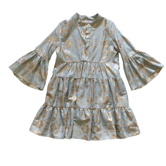 Lace the Brand Mini Dress Womens Small Blue Gold V-Neck 3/4 Sleeves Tiered Italy